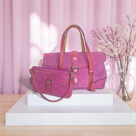 Coach Handbags - Vintage COACH Hamptons Pink Suede Leather Flap Satchel & matching Wristlet